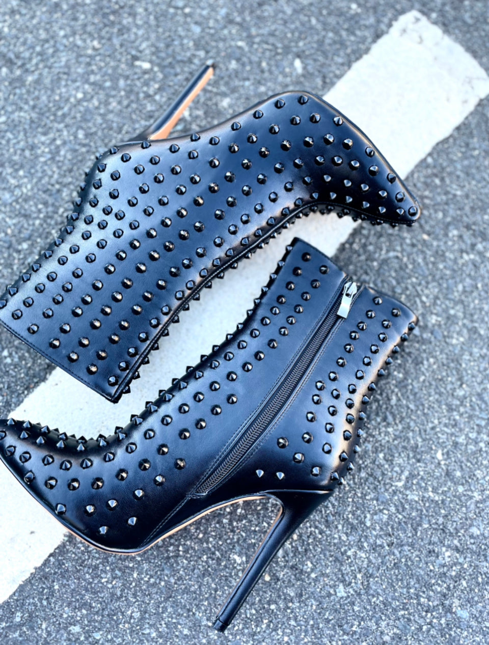 Black Studded stiletto booties are perfect for your winter fits. Shop these hot boots up to size 13. Now shipping at CoccaBee Shoes online